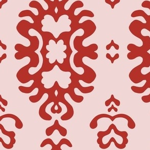 436 - Large scale Damask papercut Snowflake melting slowly on the winter sun -  curlicue damask in bold lipstick red and blush pink, for bedroom and living area wallpaper, bed linen, table cloths, napkins, and home decor.