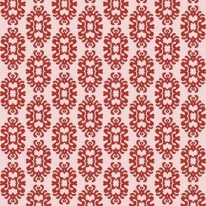 435 - Small scale Damask papercut Snowflake melting slowly on the winter sun -  curlicue damask in bold lipstick red and blush pink, for bedroom and living area wallpaper, bed linen, table cloths, napkins, and home decor.