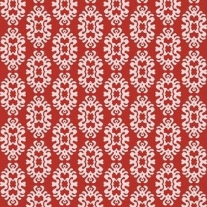 435 -  Small scale Damask papercut Snowflake melting slowly on the winter sun -  curlicue damask in bold lipstick red and blush pink, for bedroom and living area wallpaper, bed linen, table cloths, napkins, and home decor.