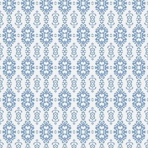 436 - Small scale Damask papercut Snowflake melting slowly on the winter sun -  curlicue pattern in soft pastel baby blue, for bedroom and living area wallpaper, bed linen, table cloths, napkins, and home decor.