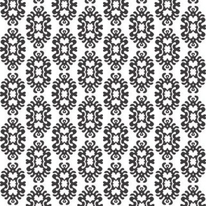 435 -  Small scale Damask papercut Snowflake melting slowly on the winter sun -  damask in deep moody charcoal grey/black and cool white, for bedroom and living room wallpaper, bed linen, table cloths, and home decor.