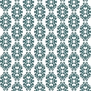 435 -  Small scale Damask papercut Snowflake melting slowly on the winter sun -  damask in deep moody turquoise/teal and pale grey, for wallpaper, bed linen, table cloths, and home decor.