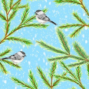 Hand Drawn Chickadees in Mountain Snow Storm on Pine Trees Jumbo Scale