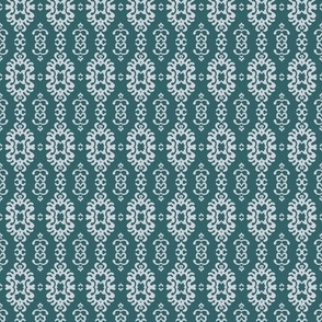 436 - Small scale Damask papercut Snowflake melting slowly on the winter sun -  damask in deep moody turquoise/teal and gunmetal grey, for wallpaper, bed linen, table cloths, and home decor.