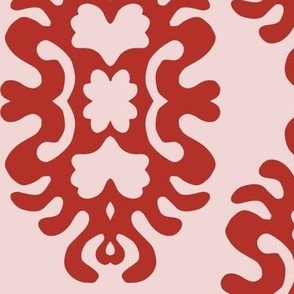 435 -  Large scale Damask papercut Snowflake melting slowly on the winter sun -  curlicue damask in bold lipstick red and blush pink, for bedroom and living area wallpaper, bed linen, table cloths, napkins, and home decor.