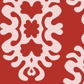 435 -  Large scale Damask papercut Snowflake melting slowly on the winter sun -  curlicue damask in bold lipstick red and blush pink, for bedroom and living area wallpaper, bed linen, table cloths, napkins, and home decor.