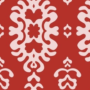 436 - Large scale Damask papercut Snowflake melting slowly on the winter sun -  curlicue damask in bold lipstick red and blush pink, for bedroom and living area wallpaper, bed linen, table cloths, napkins, and home decor.
