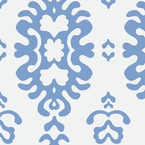 436 - Large scale Damask papercut Snowflake melting slowly on the winter sun -  curlicue damask in dusty denim powder blue and ice grey, for wallpaper, bed linen, table cloths, napkins, and home decor.