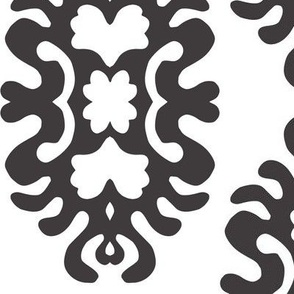 435 -  Large jumbo scale Damask papercut Snowflake melting slowly on the winter sun -  damask in deep moody charcoal grey/black and cool white, for bedroom and living room wallpaper, bed linen, table cloths, and home decor.