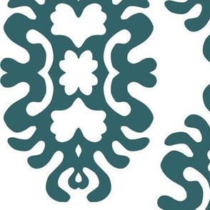 435 -  Large scale Damask papercut Snowflake melting slowly on the winter sun -  damask in deep moody turquoise/teal and dove grey, for wallpaper, bed linen, table cloths, and home decor.