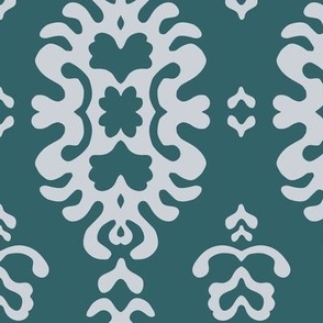 436 - Large scale Damask papercut Snowflake melting slowly on the winter sun -  damask in deep moody turquoise/teal and gunmetal grey, for wallpaper, bed linen, table cloths, and home decor.