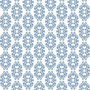 435 -  Small scale Damask papercut Snowflake melting slowly on the winter sun -  damask in dusty denim powder blue and ice grey, for wallpaper, bed linen, table cloths, napkins, and home decor.