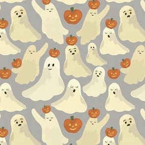 Cute Ghosts with Pumpkins - Gray