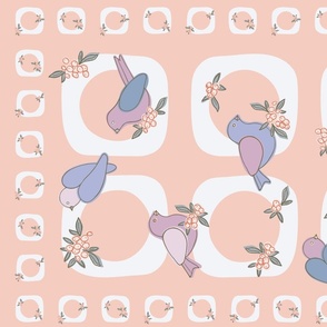 Cute Chickadee Birds, Sparrows and Swallows Tea Towel with Sprigs of Berries in Pantone Intangible Colour Palette