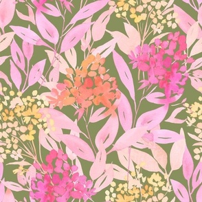 Full Bloom - Bright Oranges _ Pinks on Olive Green - Medium