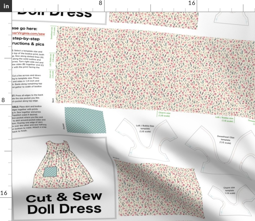 Cut & Sew Dress (Tiny Flowers in Pink Green Cream) on FAT QUARTER for Forever Virginia Dolls and other 1/8, 1/6 and 1/5 scale child dolls // little small scale tiny mini micro doll