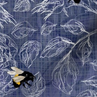 Bumblebee Floral Line Art, Flying Bees and White Rose Flowers Pattern, Hand Drawn Insect Illustration on Dark Blue Linen Texture