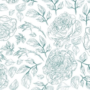 Kelly Green  and White Hand Drawn Flower Garden Sketch, Romantic Country Cottage Roses Illustration, Botanical Nature Drawing of White Rose Pencil Drawing, Simple Modern Elegant Florals Pattern