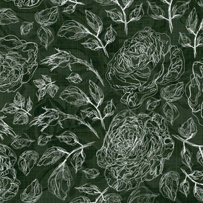 Dark Green and White Hand Drawn Rose Garden Flower Illustration, Romantic Country Cottage Botanical Pattern, White Rose Pencil Drawing, Simple Modern Elegant Florals Pattern