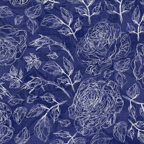 Rose Garden Midnight Blue Flower Illustration, Country Cottagecore Botanical Drawing, White Rose Hand Drawn Pencil Sketch, Simple Modern Elegant Florals Pattern