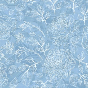 Cornflower Blue Flower Illustration, Countryside Botanical Drawing, White Rose Line Drawing, Simple Modern Elegant Florals Pattern
