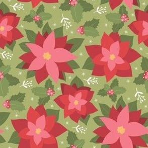 Green Holiday Bliss - Festive Poinsettia and Holly Christmas Pattern for Joyful Decor