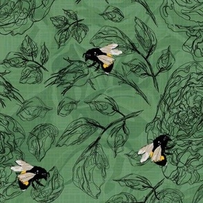 Bumble Bee Botanical Flower Illustration, Hand Drawn Roses Floral Line Drawing, Black White Yellow Bees Sketch on Natures Lush Green Linen Texture Background