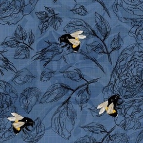 Natures Bumblebee Floral Illustration, Whimsical Rose Flower Botanical Bee Line Drawing, Black White Yellow Sketch on Dark Blue Linen Texture Background