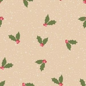 Classic Christmas Elegance - Holly Berries on Beige Snowfall for Timeless Holiday Decor