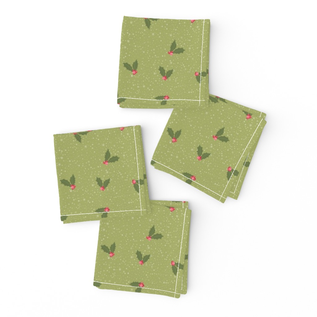 Yuletide Green Holly Sprigs - Cheerful Berries on Snowfall Texture for Joyful Holiday Decor