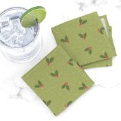 Yuletide Green Holly Sprigs - Cheerful Berries on Snowfall Texture for Joyful Holiday Decor
