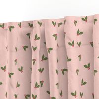 Festive Holly Berries on Pink Snowfall - Charming Christmas Pattern for Holiday Decor