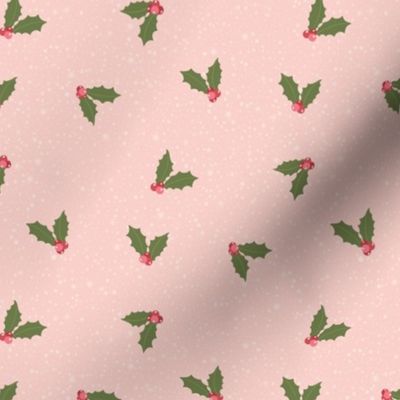 Festive Holly Berries on Pink Snowfall - Charming Christmas Pattern for Holiday Decor