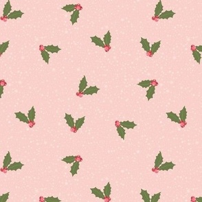 Festive Holly Berries on Pink Snowfall - Charming Christmas Pattern for Holiday Decor