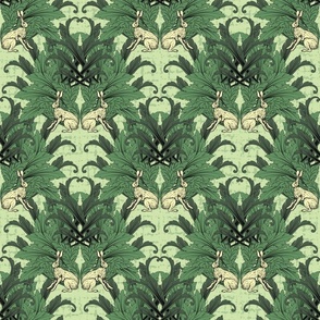 Sitting Rabbit Hare Block Print Style, Modern Victorian Art Hare Pattern, Green Acanthus Leaves Arts and Crafts Style on Textured Yellow Background