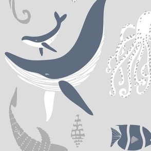 LARGE Whimsical Ocean Life - Under the Sea  mirror scene - silver gray, navy slate blue and white