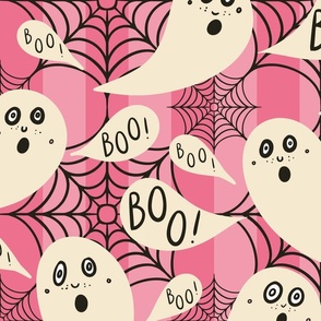 Whimsigothic-ghosts-with-boo-speech-bubbles-on-pink-vertical-stripes-with-cobwebs-L-large-NEW