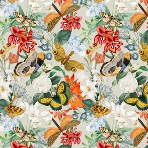 10" Luxurious Vintage Pattern: Antique Flowers and Colorful Butterflies for Exquisite Wallpaper - soft grey