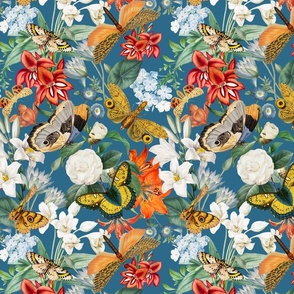 10" Luxurious Vintage Pattern: Antique Flowers and Colorful Butterflies for Exquisite Wallpaper -  blue
