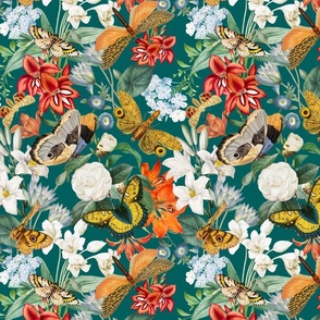 10" Luxurious Vintage Pattern: Antique Flowers and Colorful Butterflies for Exquisite Wallpaper - teal