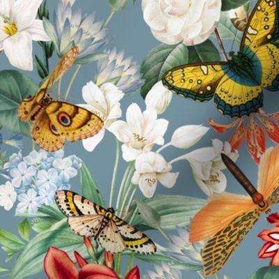 10" Luxurious Vintage Pattern: Antique Flowers and Colorful Butterflies for Exquisite Wallpaper - dove blue