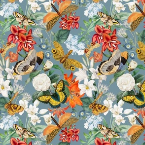 10" Luxurious Vintage Pattern: Antique Flowers and Colorful Butterflies for Exquisite Wallpaper - dove blue