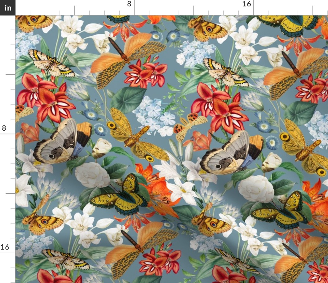 10" Luxurious Vintage Pattern: Antique Flowers and Colorful Butterflies for Exquisite Wallpaper - dove blue