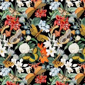 10" Luxurious Vintage Pattern: Antique Flowers and Colorful Butterflies for Exquisite Wallpaper - night black