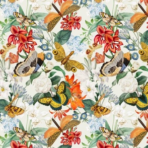 10" Luxurious Vintage Pattern: Antique Flowers and Colorful Butterflies for Exquisite Wallpaper - light beige
