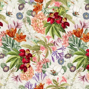 14“ Tropical Romantic Flower Garden - Vintage Wallpaper - off white