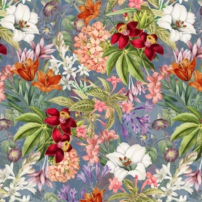 14" Tropical Romantic Flower Garden - Vintage Wallpaper - dove blue - light purple