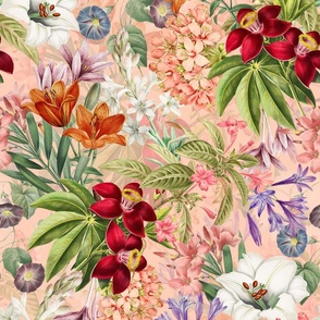 14" Tropical Romantic Flower Garden - Vintage Wallpaper - blush peach pink