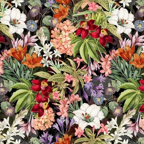 14" Tropical Romantic Flower Garden - Vintage Wallpaper - black