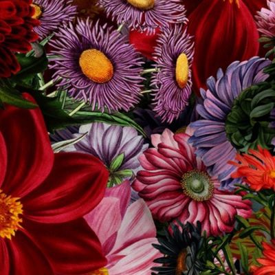 Nostalgic Dark Midnight Flower Garden - Dahlias - Asters All Kind of Fall Flowers - colorful sunny day